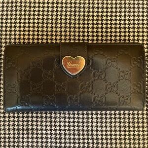 Authentic Gucci Black Leather, Gold Heart Snap - Long Wallet